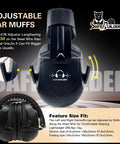 Heavy Duty Noise Reduction Ear Muffs With 33dB SNR For Reading And Sleeping, Multi Purpose Work And Shooting, Soundproof Ear Protection, 2 Pack Black Comfort Fit Headband, showing adjustable sizing feature.