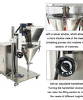 Industrial Grade Semi Automatic Powder Filler Machine For Sugar Coffee Feed Packing Straight Up Precision Filling Speed Durable Stainless Steel Construction With Built In Mixer Hella Tough adjustable handwheel and visual window for easy material unloading.