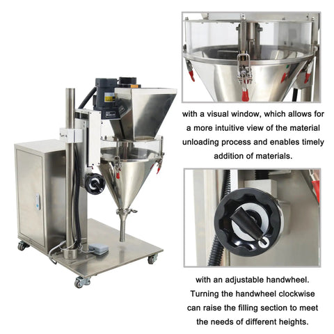 Industrial Grade Semi Automatic Powder Filler Machine For Sugar Coffee Feed Packing Straight Up Precision Filling Speed Durable Stainless Steel Construction With Built In Mixer Hella Tough adjustable handwheel and visual window for easy material unloading.