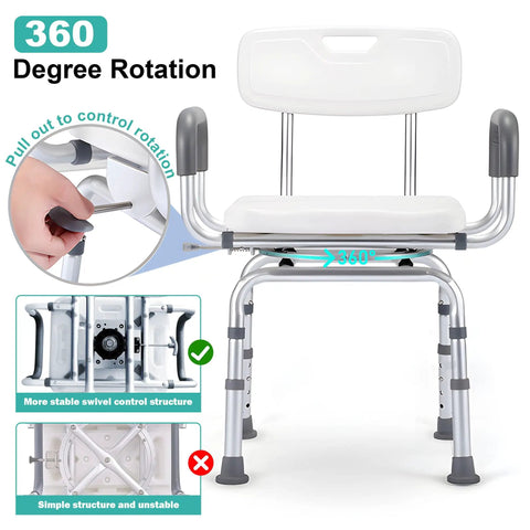 360 Degree Swivel Shower Chair with Armrests and Backrest, front view, adjustable height, non-slip legs, white finish