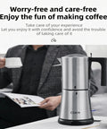 Fully Automatic Mocha Coffee Pot Electric Moka Pot Stainless Steel One Touch Coffee Maker For 3 To 6 Cups 350Ml Espresso Machine With Anti Scalding Auto Power Off Safety Gift Idea on a table with a person holding a cup.