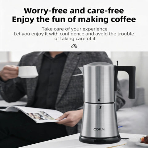 Fully Automatic Mocha Coffee Pot Electric Moka Pot Stainless Steel One Touch Coffee Maker For 3 To 6 Cups 350Ml Espresso Machine With Anti Scalding Auto Power Off Safety Gift Idea on a table with a person holding a cup.