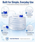 Collapsible Water Container With Spigot For Camping And Travel showing handle, spigot, wide lid, and foldable body features.