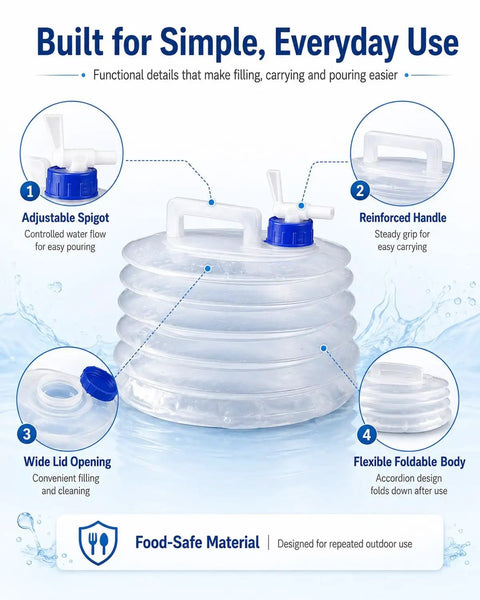 Collapsible Water Container With Spigot For Camping And Travel showing handle, spigot, wide lid, and foldable body features.