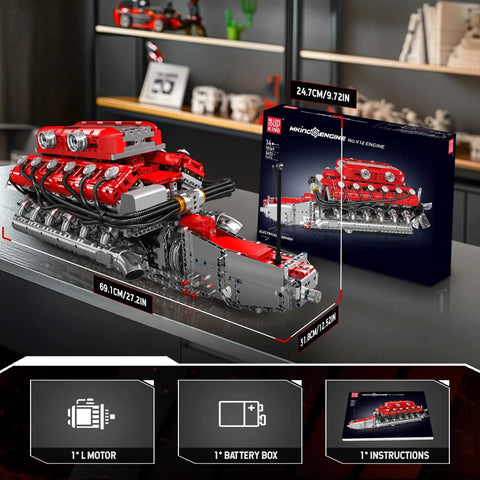 Mould King V12 Engine Model Kit That Runs With Battery And Gearshift, displayed on a desk with packaging visible.