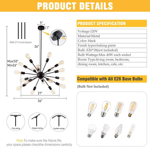 Dimensions and specifications of Black 18 Light Starburst Chandelier Pendant Light 36 Inch Wide For Living Room Dining Room Kitchen Island Foyer Retro Style Modern Farmhouse Industrial Ceiling Fixture With Adjustable Height And Durable Spray Painted Metal.
