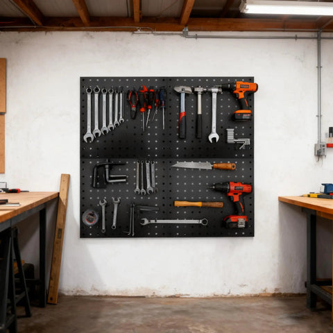 50-Piece Pegboard Hook Set for Heavy-Duty Tool Hangers, Chrome Plated Metal Hooks for Garage, installed on wall with tools
