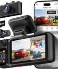 4K Three Channel Dash Cam with Front, Cabin and Rear Cameras, HDR WDR Night Vision display and packaging, GPS and WiFi features shown.