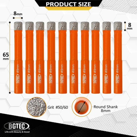 BGTEC 10-piece dry diamond drill bit set, 8mm (5/16") hole saw bits with orange shanks for granite, marble, tile