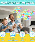 Father and son playing with One Touch Takeoff RC Drone For Kids 6 And Up With Remote, 360 Degree Flip, High Speed Mode indoors.