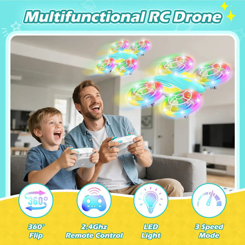 Father and son playing with One Touch Takeoff RC Drone For Kids 6 And Up With Remote, 360 Degree Flip, High Speed Mode indoors.