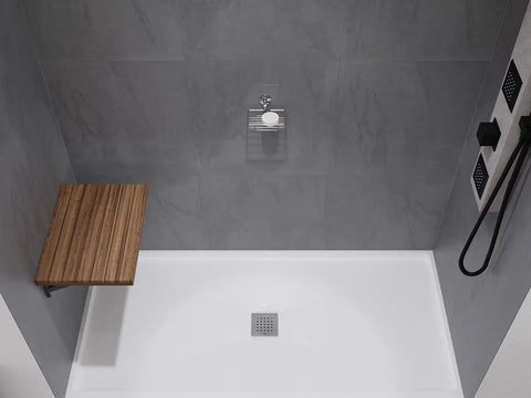 Space Saving Foldable Teak Shower Bench With Wall Mount Built To Last Heavy Duty Teak Wood Seat in folded position over bathtub