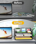 Before and after desk setup with Three Tier Paper Organizer Tray With Handle Mesh Letter Tray For Office Home School Black