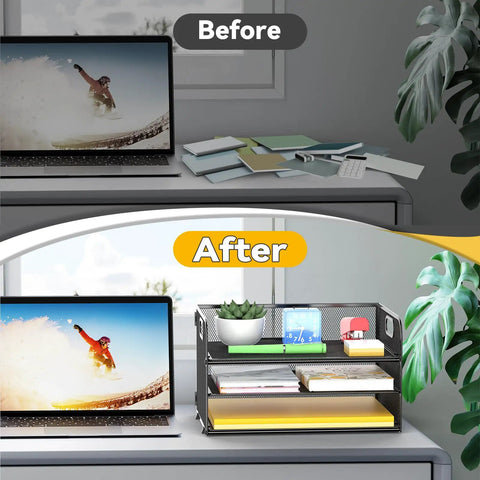 Before and after desk setup with Three Tier Paper Organizer Tray With Handle Mesh Letter Tray For Office Home School Black
