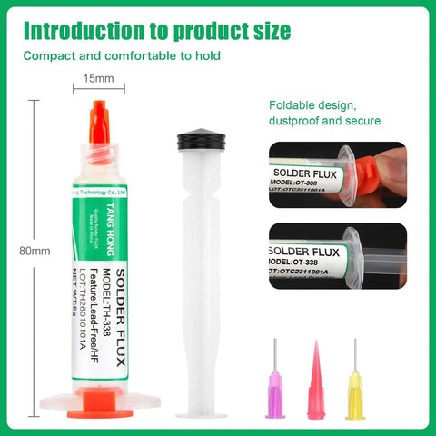 No Clean Solder Flux Paste For Electronics Soldering Pro Grade Lead Free Rosin Flux shown with syringe applicator and tips