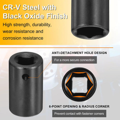Premium Heavy Duty Deep Impact Socket 7mm With 1/4 Inch Drive, Long Reach CR-V Steel For Tough Mechanics And Auto Repair Gear. Black oxide finish, 6-point opening, anti-detachment hole
