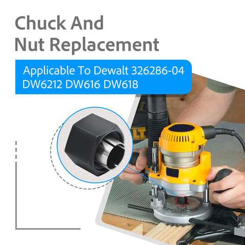 Router Collet Chuck And Nut Set Including One Half Inch And One Quarter Inch Collets mounted on a yellow router