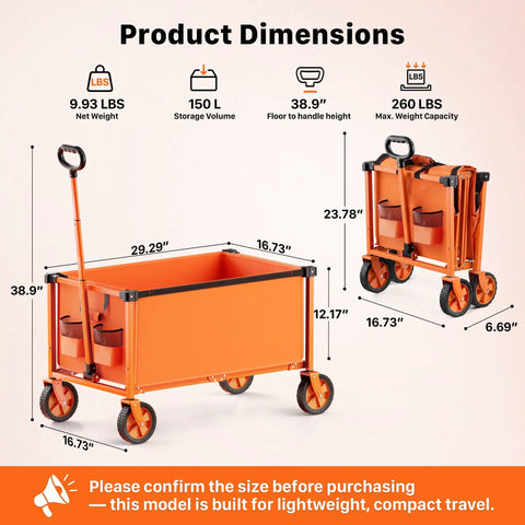 29.3 Inch Collapsible Wagon Cart With 150L Capacity And 260 Lb Load, Portable Folding Rolling Cart for garden and outdoor trips