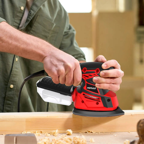Powerful Hand Sander For Woodworking, 14,000 OPM Detail Sander With Vacuum Dust Box, 12 Sandpapers Included in use on wood surface