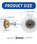 Dimensions of 25Mm 304 Stainless Steel Shower Door Rollers with POM Bearings for sliding doors, showcasing 6-piece replacement wheel set components.