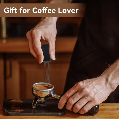 Person using Espresso Distribution Tool With 0.4mm 10 Needle Stirrer Break Up Grounds Reduce Channeling Achieve Even Extraction For Home And Commercial Espresso Machines Black on portafilter.
