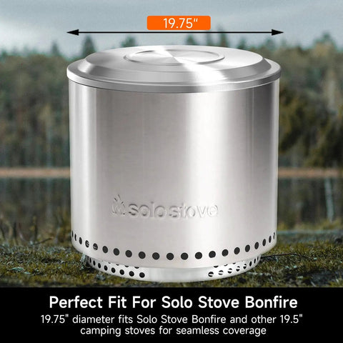 Heavy Duty 19.5 Inch Fire Pit Lid For Bonfire Smokeless Firepit Fits Solo Stove Bonfire 1.0 And 2.0 shown on top of Solo Stove