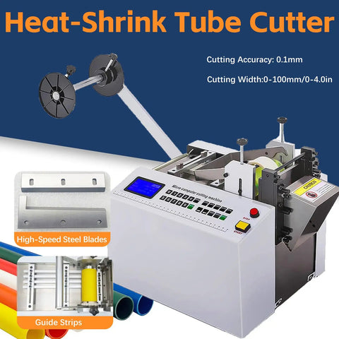 Fully Automatic Heat Shrink Tube Cutter With Digital Lcd Screen, Hot Wire Trimmer For Pvc Pe And Silicone Hose showing steel blades and digital controls.