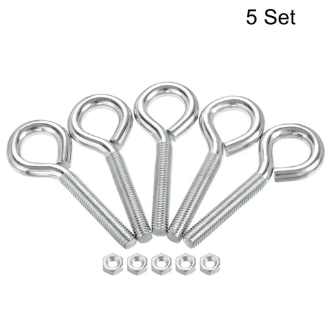 Heavy Duty M8x50mm Eye Hooks Screws Kit, 5pc Carbon Steel Hanger Hardware With Hex Nuts For Metal Hooks, Wood Terminals, Eyelet Rings, Ring Hooks And Bolts Set, 5 set