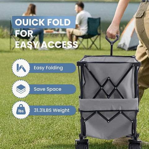 Person folding Heavy Duty Double Decker Workhorse Wagon with 54 inch extender in grey for easy transport in a park setting