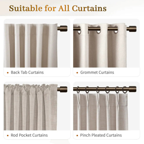 Beefy Bronze Curtain Rod 1 Inch Adjustable Drapery Rod From 32 To 86 Inches For Living Room Bedroom Indoor Outdoor Use shown with four curtain styles