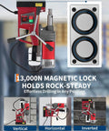 Front view of portable red magnetic drill press with adapter and drill bit beside a metal magnetic base plate.