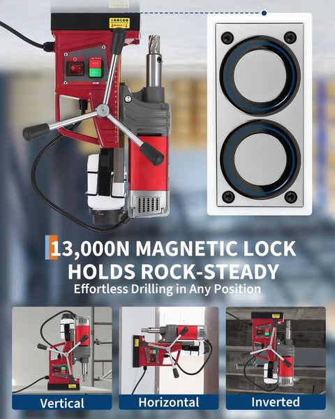 Garvee Mag Drill Press Kit With 1.57 Inch Capacity, Powerful 1450W Motor And 820 Rpm Speed For Industrial Metalworking, showing vertical, horizontal, and inverted drilling positions.
