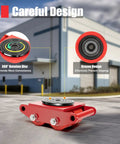 Heavy Duty 4 Pc Machinery Mover Skates With Steering Handles showing 360° rotation disc and groove design in red steel construction.