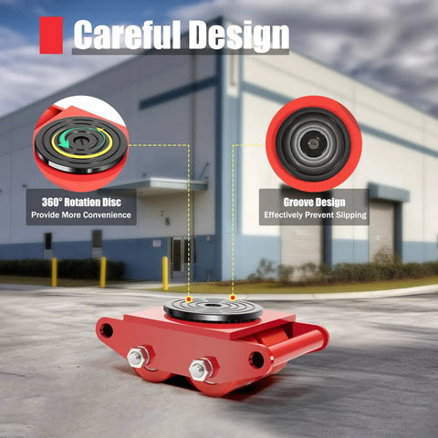 Heavy Duty 4 Pc Machinery Mover Skates With Steering Handles showing 360° rotation disc and groove design in red steel construction.