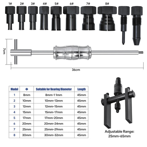 Motorcycle Bearing Puller Kit With Blind Puller And Slide Hammer Set, 12 Piece Set With Collets And Extenders Displayed