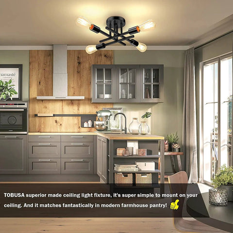 Semi Flush Mount Matte Black Sputnik Ceiling Light Fixture in modern farmhouse kitchen setting