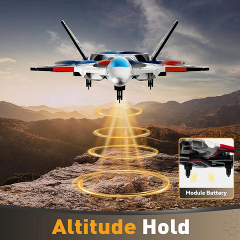 RC Plane With 1080P Camera for Adults and Kids, FPV Live View, Altitude Hold feature active over landscape, Red Fighter Jet.