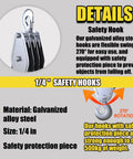 Heavy Duty Block And Tackle System With 2200 Lbs Breaking Strength Fifty Feet Of Three Eighths Inch Rope Five To One Lifting Power Pulley Hoist For Construction Warehouses Animal Husbandry And Farm Use Built Like A Boss Durable Black; galvanized safety hook details.