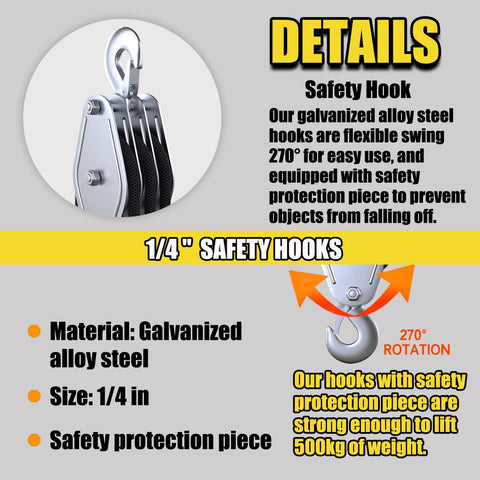 Heavy Duty Block And Tackle System With 2200 Lbs Breaking Strength Fifty Feet Of Three Eighths Inch Rope Five To One Lifting Power Pulley Hoist For Construction Warehouses Animal Husbandry And Farm Use Built Like A Boss Durable Black; galvanized safety hook details.