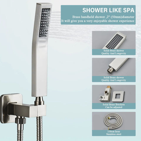 12 Inch LED Square Showerhead Kit With Handheld Spray, close-up of brushed nickel handheld shower with hose