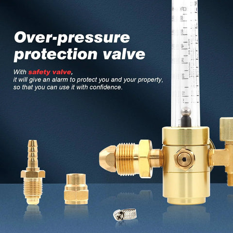 Front view of brass Argon/CO2 MIG/TIG flow regulator with gauge and fittings
