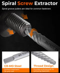 Close-up of spiral screw extractor showing CR-MO steel composition and thread design for the 7 Piece Easy Out Screw Extractor Set.