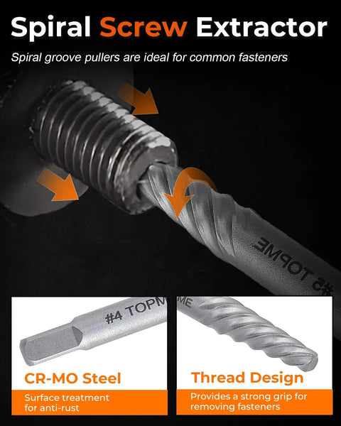Close-up of spiral screw extractor showing CR-MO steel composition and thread design for the 7 Piece Easy Out Screw Extractor Set.
