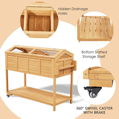 Ergonomic Elevated Garden Bed On Wheels With Cover And Storage Shelf For Backyard Patio Outdoor All In One Raised Planter Box Cart With Bed Liner Seed Starter Tray And Drainage Slits made of fir wood showing drainage slits and caster wheel.