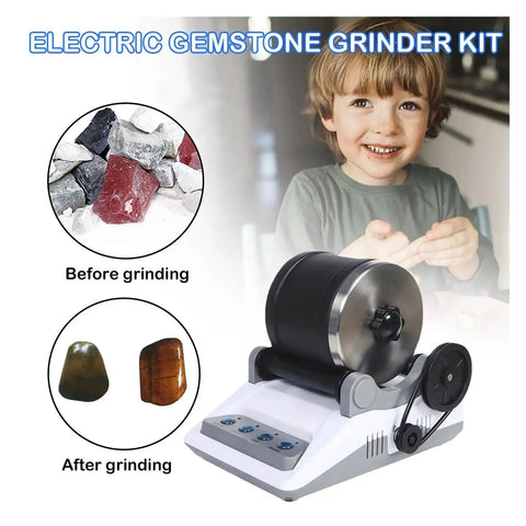 Child using Rock Grinder Kit Electric Rock Tumbler Polisher For Kids And Adults with gemstones before and after polishing