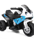 BMW Licensed 6V Ride On Motorcycle For Kids With Music, Foot Pedal Acceleration, Front Headlight, Leather Seat Cushion, 3 Wheel Battery Powered Tricycle Toy, Safe Metal Frame, Sapphire Color, front view