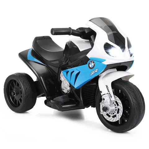 BMW Licensed 6V Ride On Motorcycle For Kids With Music, Foot Pedal Acceleration, Front Headlight, Leather Seat Cushion, 3 Wheel Battery Powered Tricycle Toy, Safe Metal Frame, Sapphire Color, front view