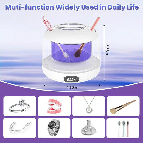 Top Shelf Upgraded Ultrasonic Retainer Cleaner With Uv Sterilization And 45Khz High Frequency Bubble Action For Dentures Braces And Mouthguards No Fuss Deep Clean Every Time Always Fresh And Ready, shown with accessories.