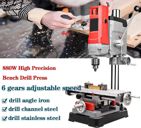 Piefeak 1050w Bench Drill Press With Vice, Adjustable 6 Speed 50-2500rpm For Wood And Metal Working, showing clamp and precision drill setup.