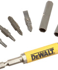 6-In-1 Flip And Switch Driver Bit Set, 7-Piece With Quick Bit Change, all bits shown with grab-and-go holder, bright yellow.